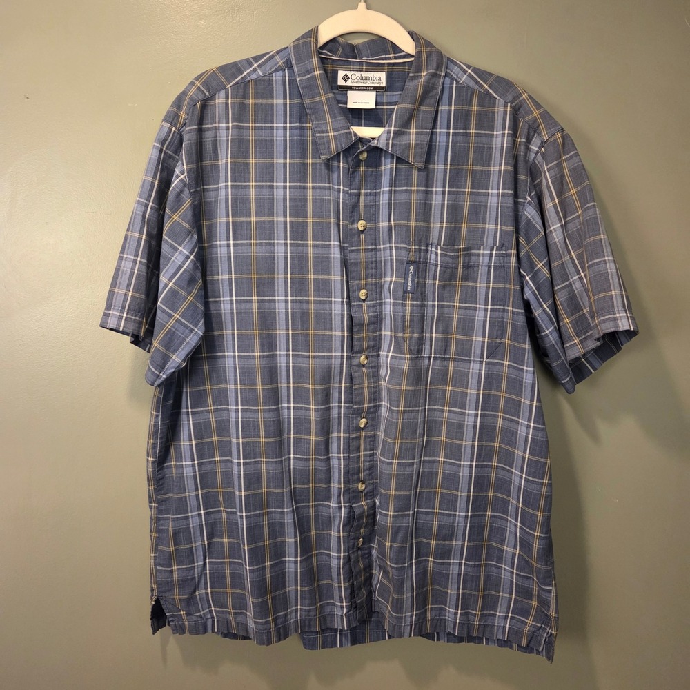 Columbia Men's Plaid Short Sleeve Button Up Shirt Size L 100% Cotton Blue Multi